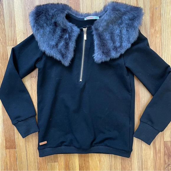4/$25 KIDICHIC Quarter Zip Top Faux Fur Lapel Collar Girls Sz 10 Black Gray - Picture 1 of 5